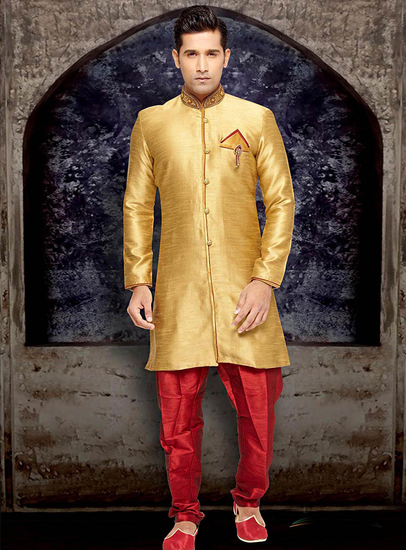 Golden Brocade Readymade Indo Western Suit 65468