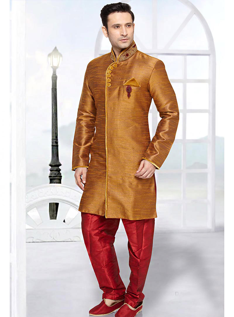 Mustard Brocade Readymade Indo Western Suit 65469