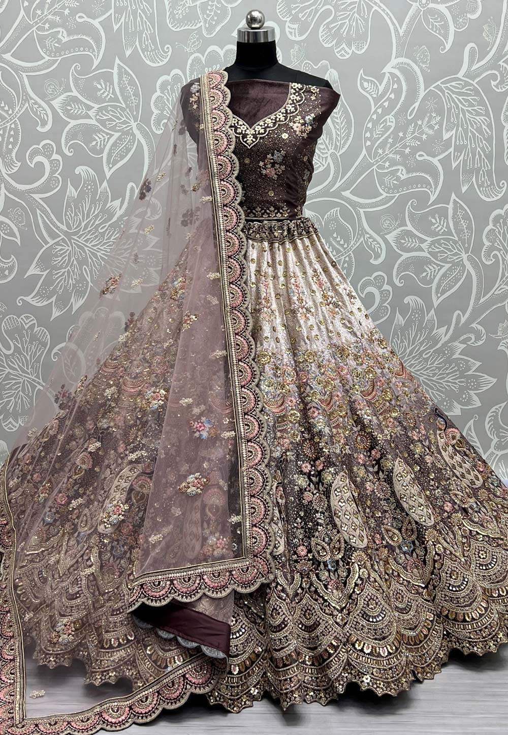 Wine Velvet Wedding Lehenga Choli 272765