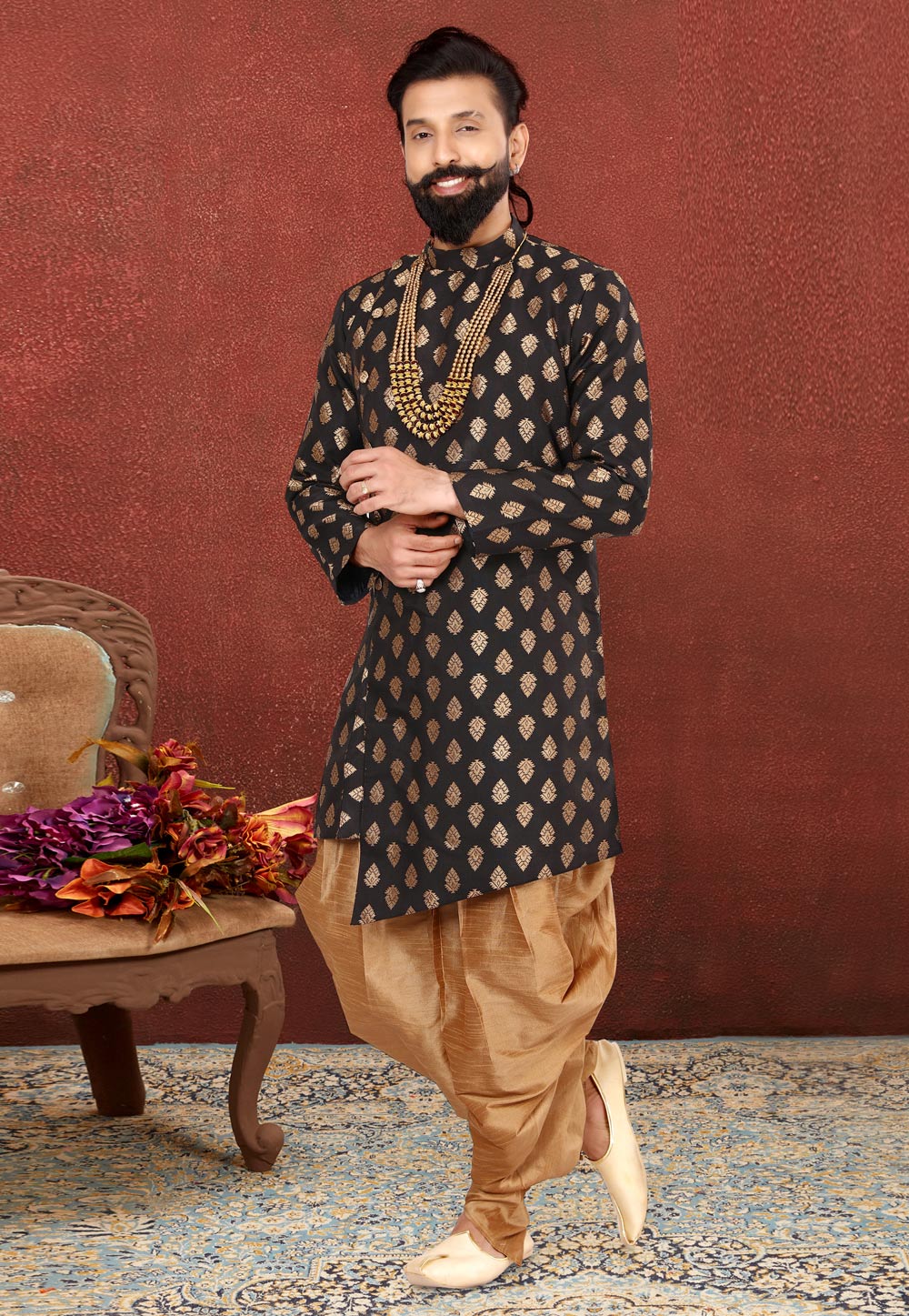 Black Jacquard Silk Indo Western Suit 238841