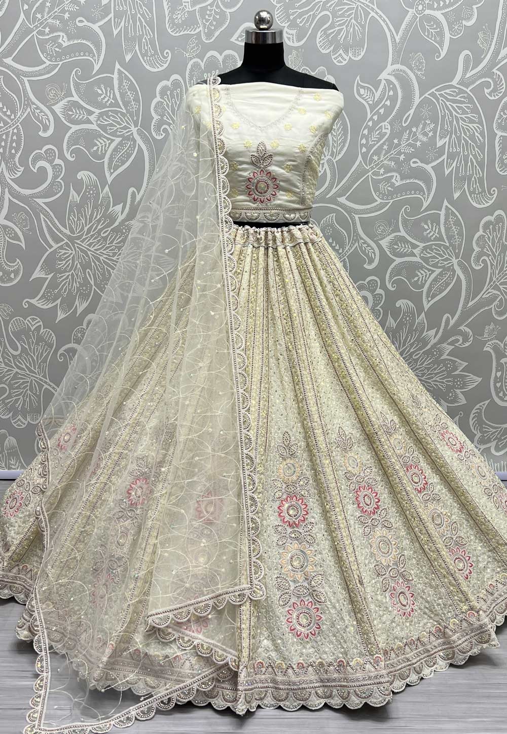 Cream Net Wedding Lehenga Choli 273667