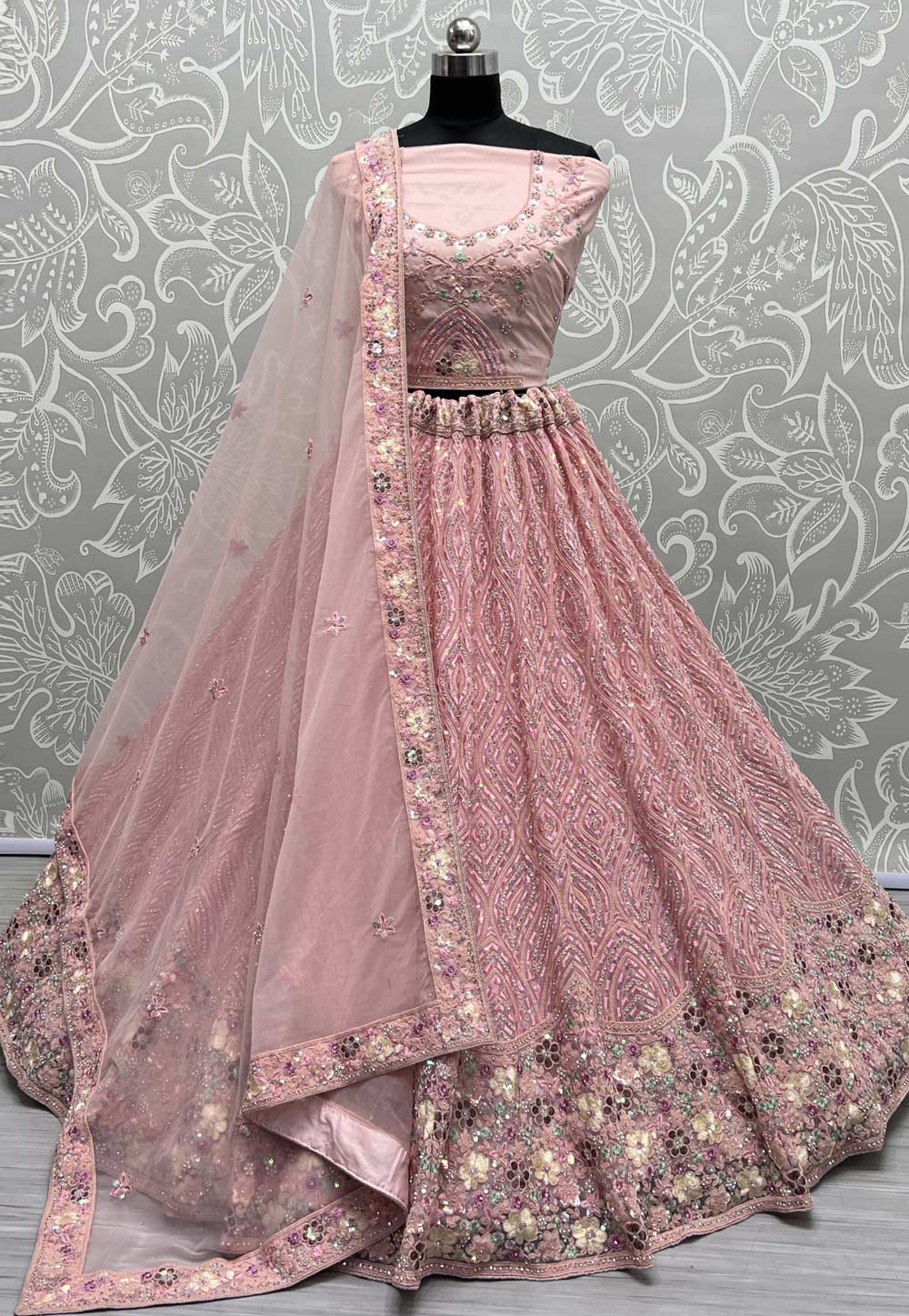 Glamorous Peach Net With Silk Trendy Designer Party Wear Lehenga Choli With Peach Net With Silk