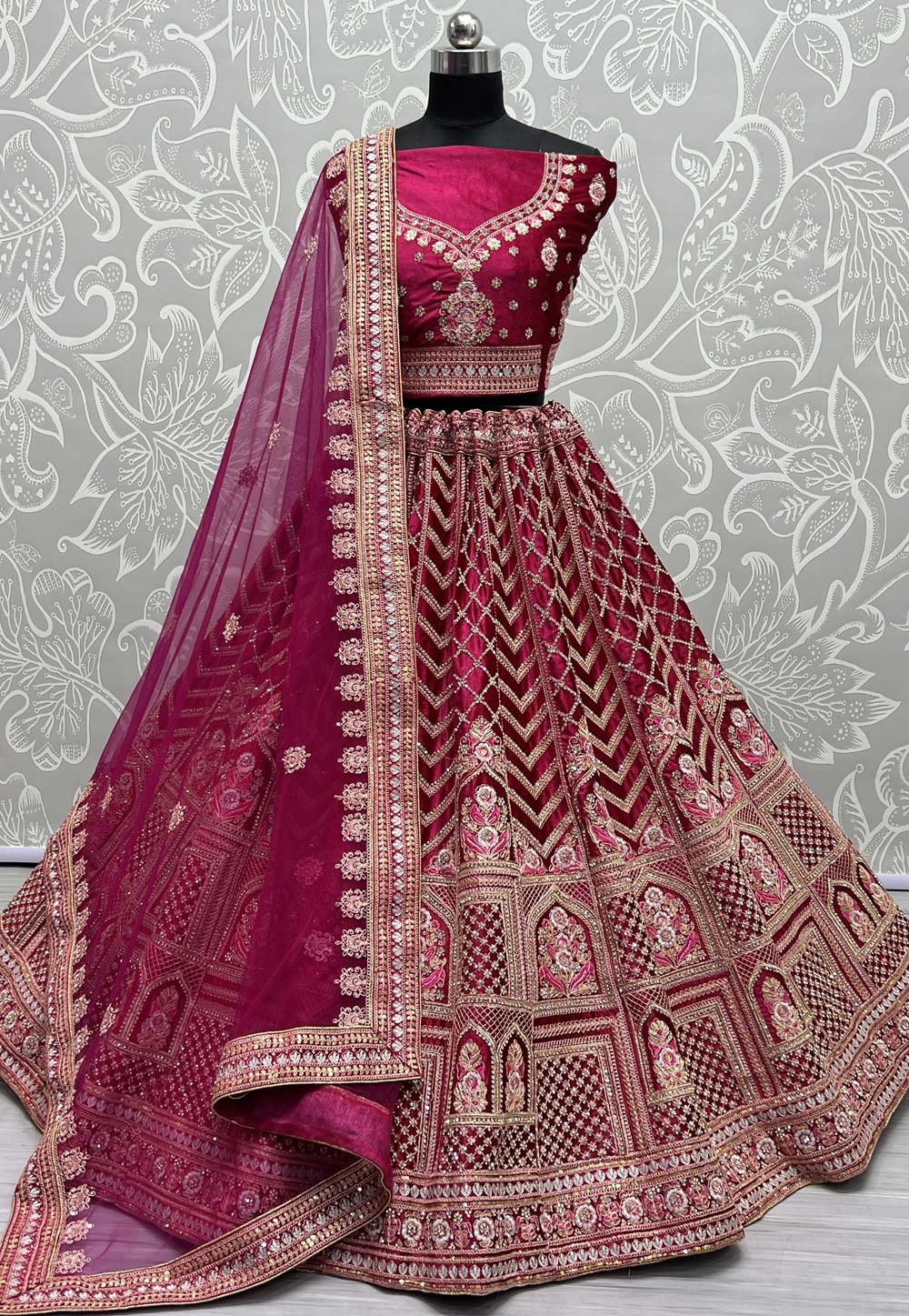 Magenta Velvet Bridal Lehenga Choli 273680