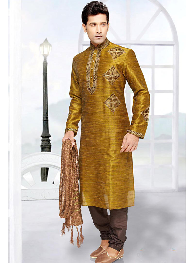 Mustard Jacquard Kurta With Churidar 65509