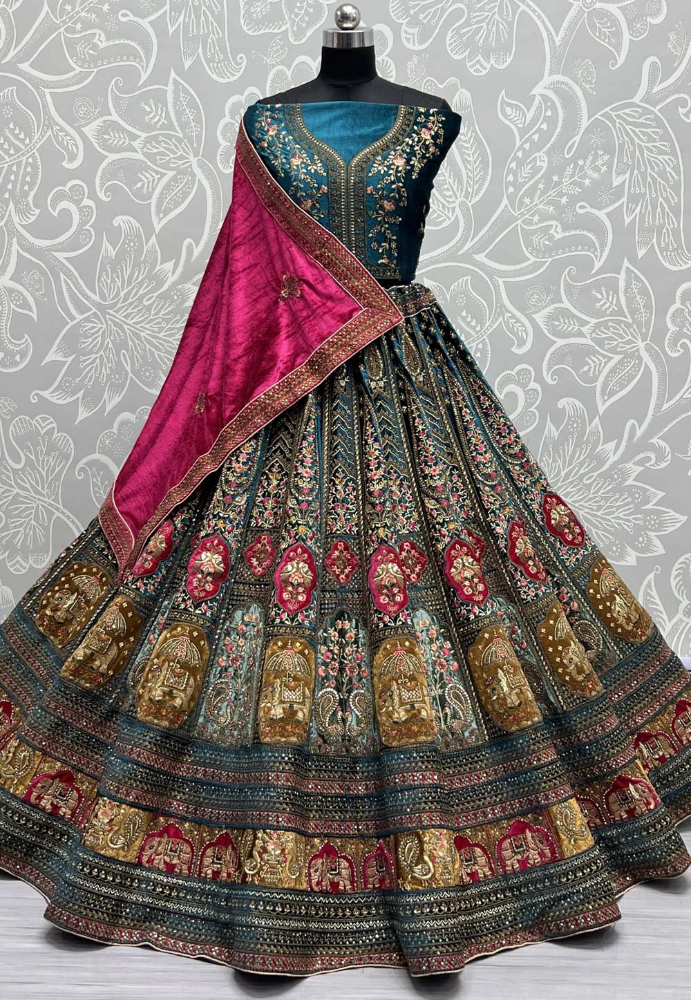 Teal Velvet Wedding Lehenga Choli 274528