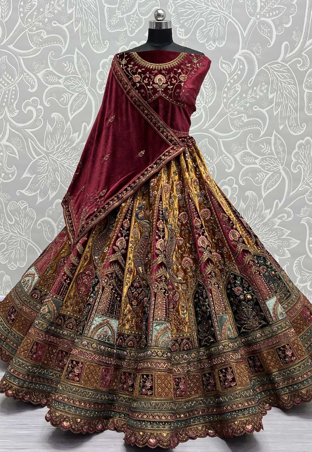 Maroon Velvet Bridal Lehenga Choli 274716