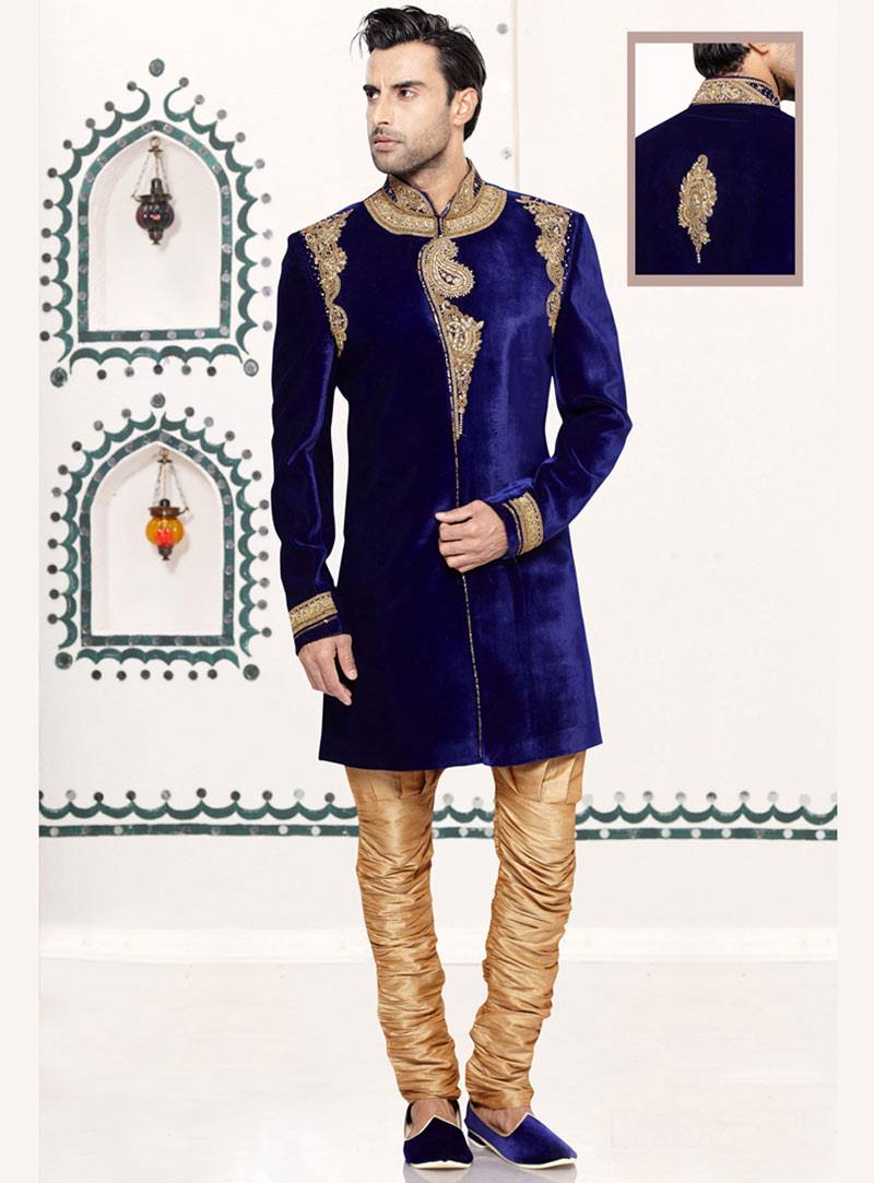 Blue Velvet Readymade Indo Western Suit 69403