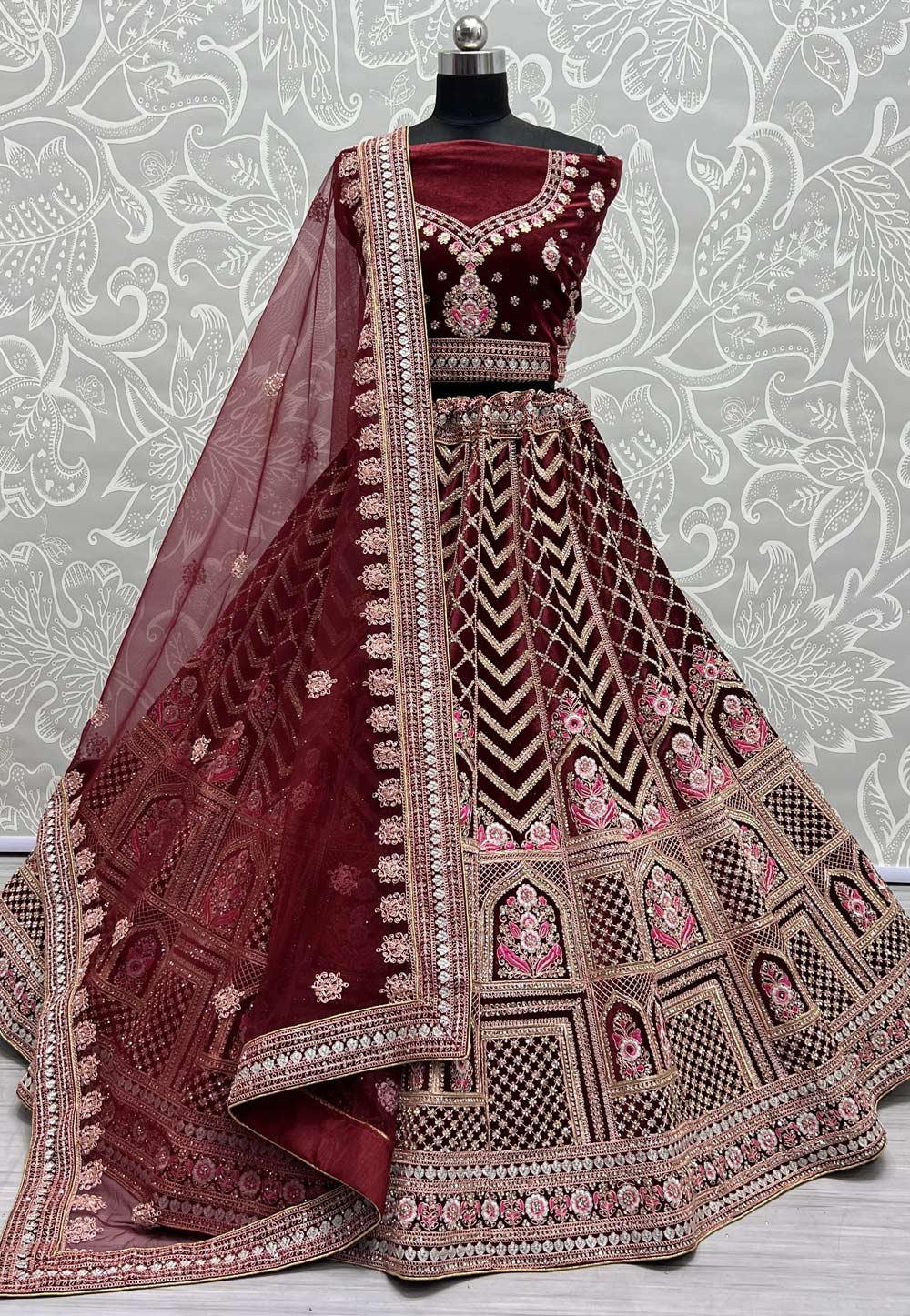 Maroon Velvet Bridal Lehenga Choli 276811
