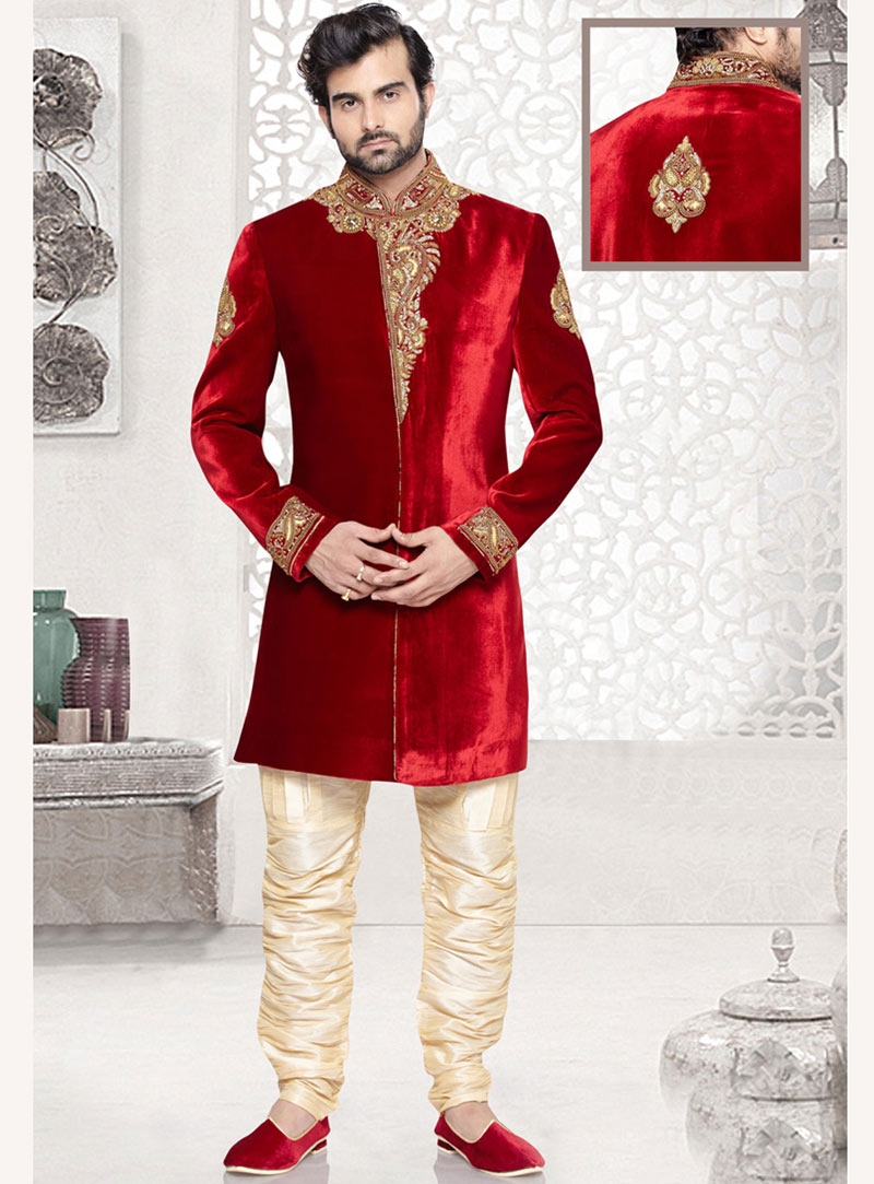 Maroon Velvet Readymade Indo Western Suit 69405