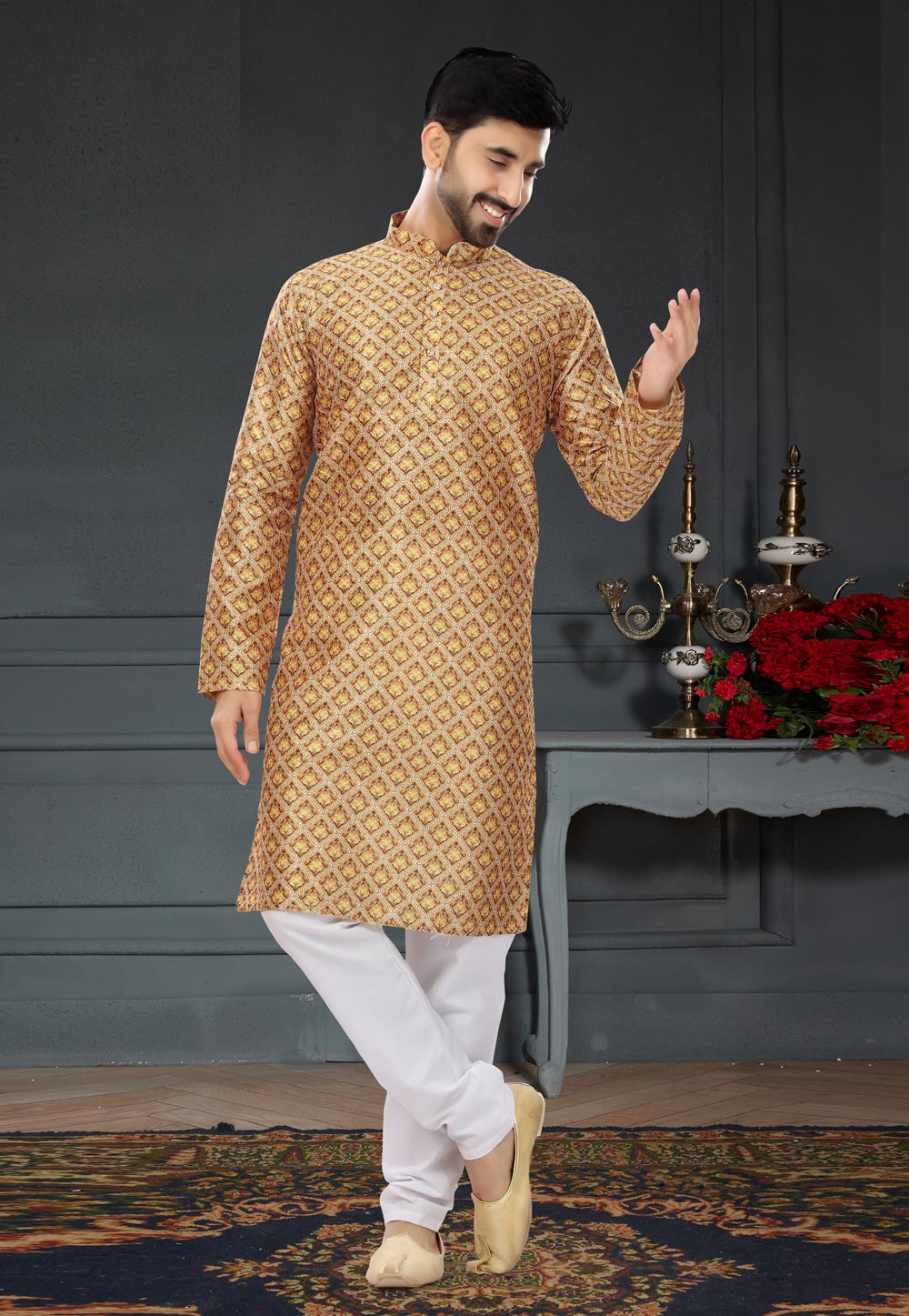 Golden Silk Kurta Pajama 258579