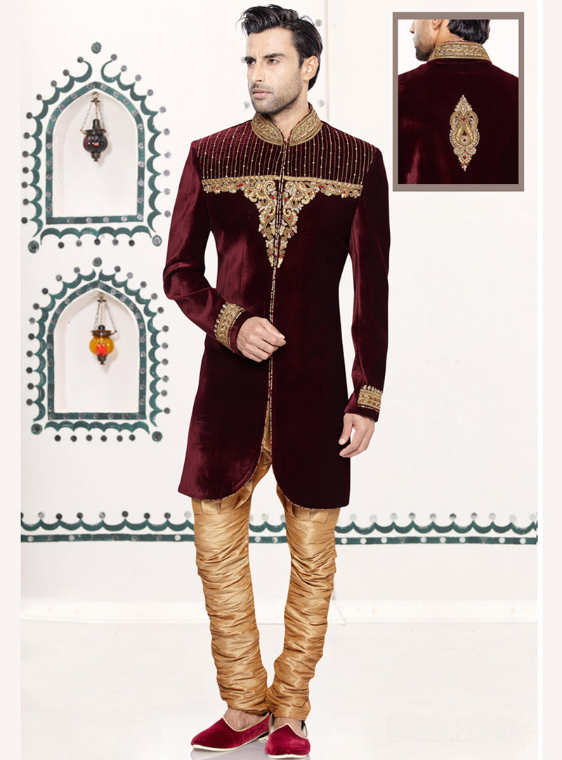 Maroon Velvet Readymade Indo Western Suit 69409