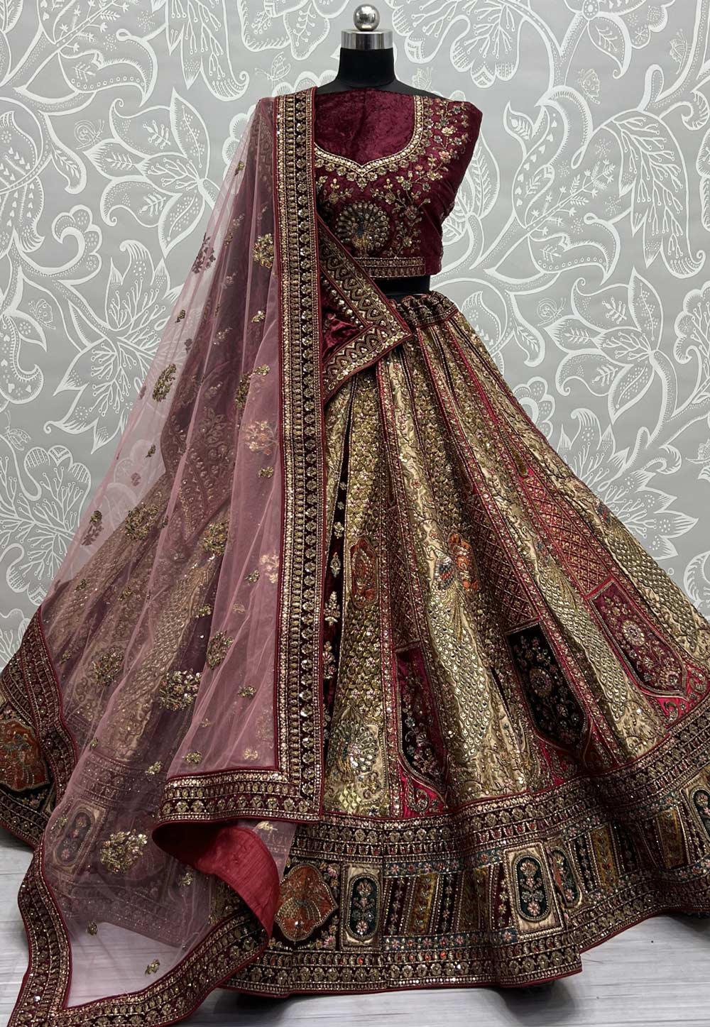 Beige Velvet Bridal Lehenga Choli 277557