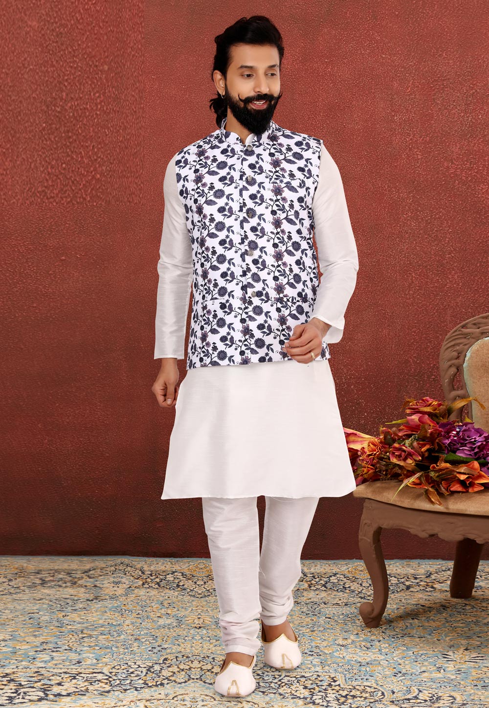 White Dupion Silk Kurta Pajama With Jacket 238506