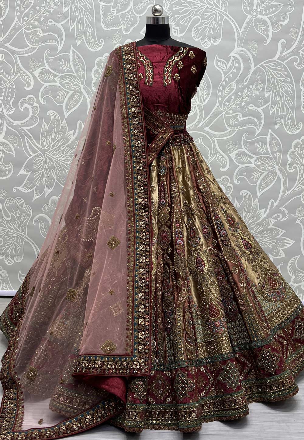 Beige Velvet Bridal Lehenga Choli 277563