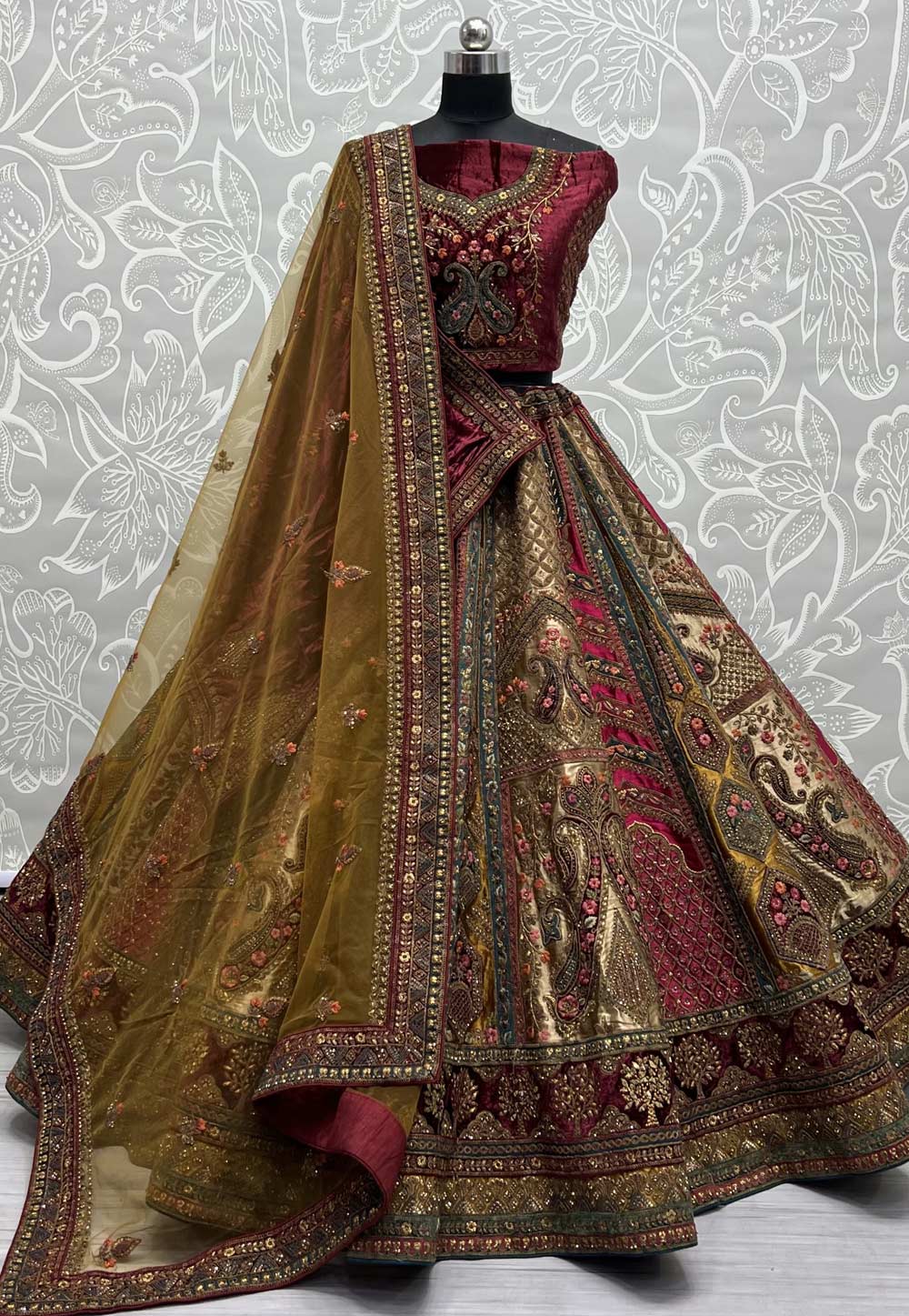 Maroon Velvet Bridal Lehenga Choli 277565