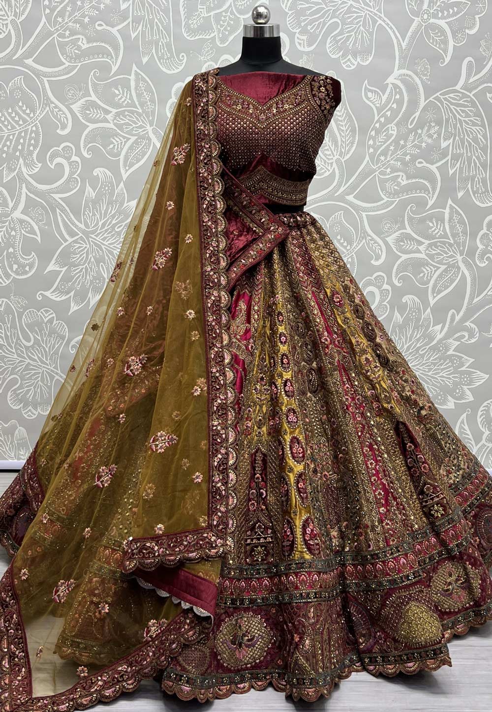 Maroon Velvet Bridal Lehenga Choli 277566