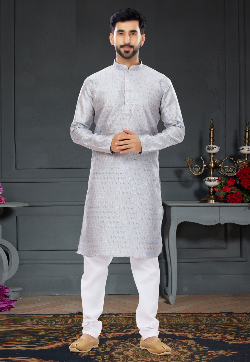 Grey Silk Kurta Pajama 258595