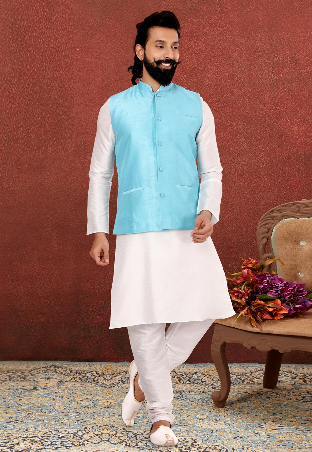 White Dupion Silk Kurta Pajama With Jacket 238507