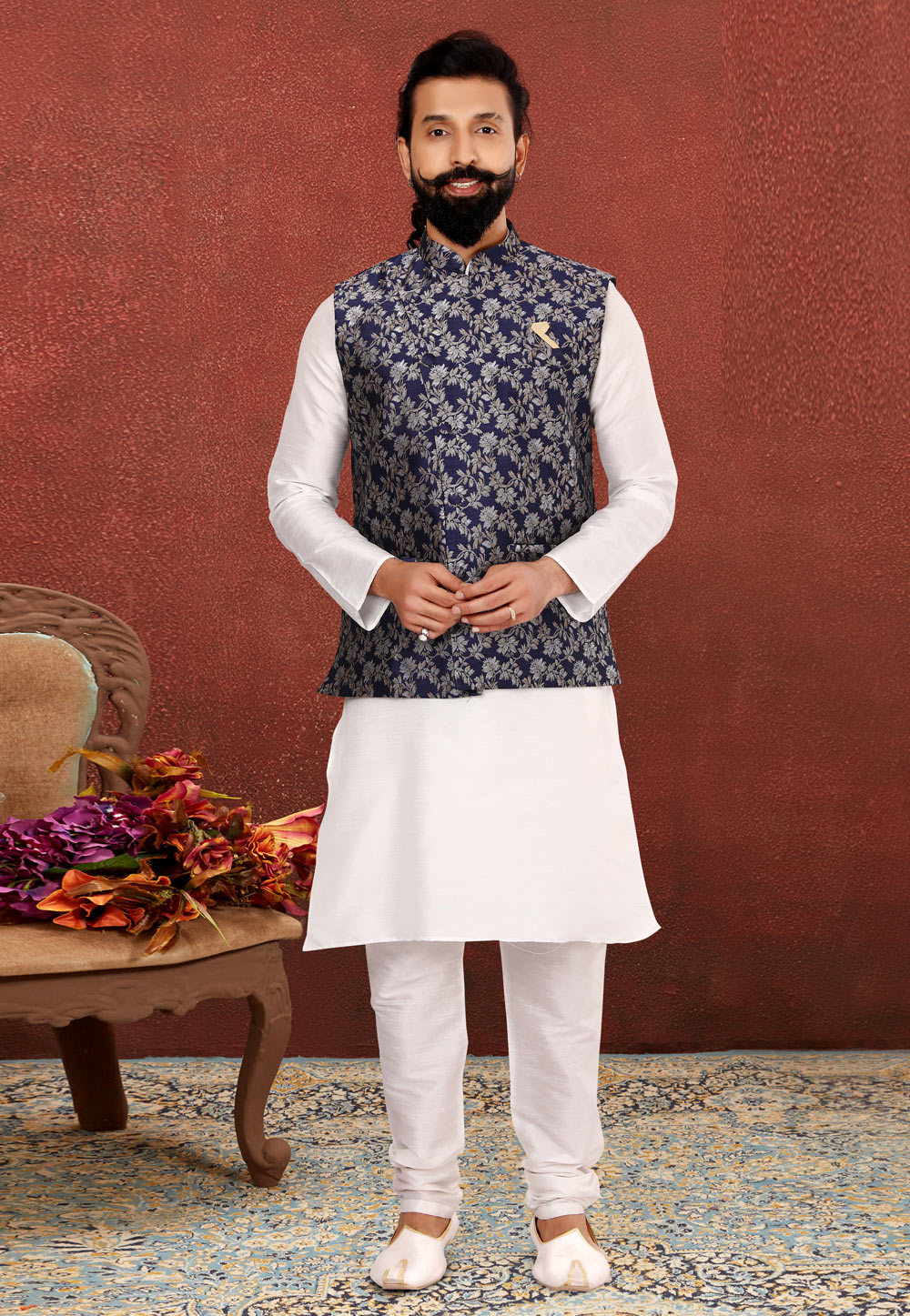 White Dupion Silk Kurta Pajama With Jacket 238509