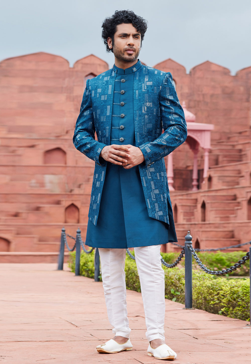 Teal Art Silk Jacket Style Sherwani 275757