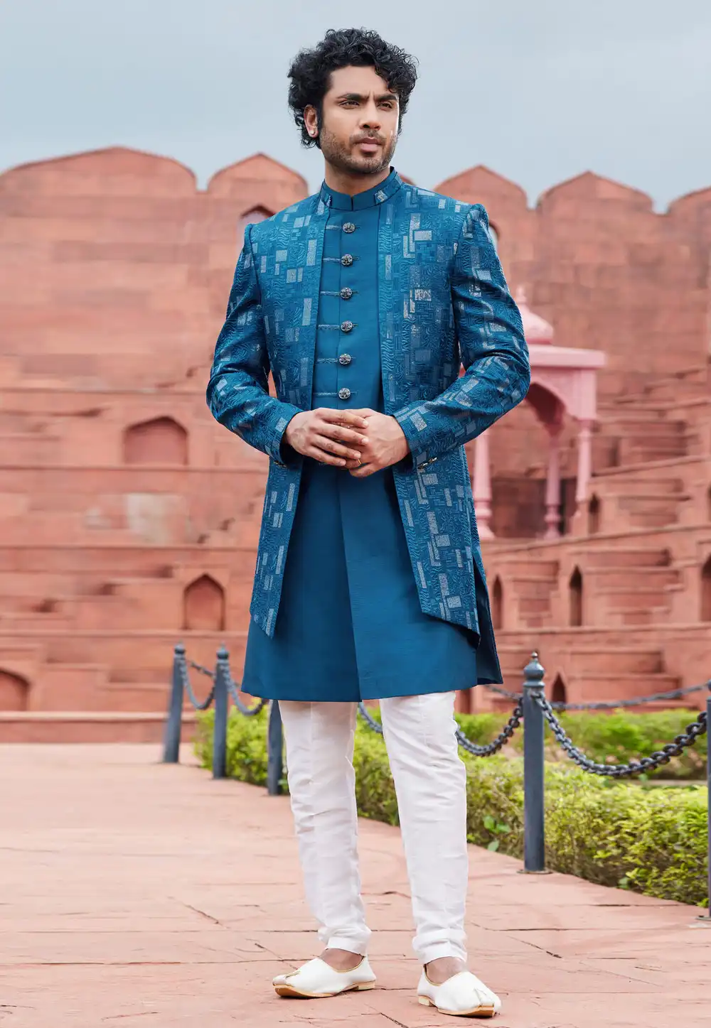 Teal Art Silk Jacket Style Sherwani 275757