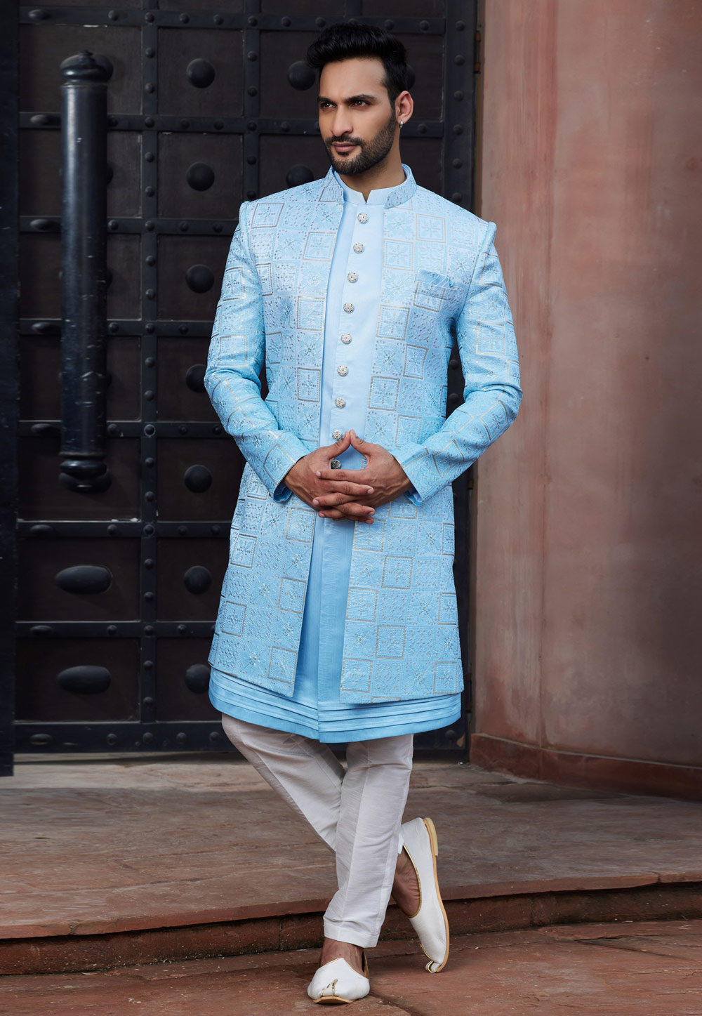 Sky Blue Art Silk Jacket Style Sherwani 275758