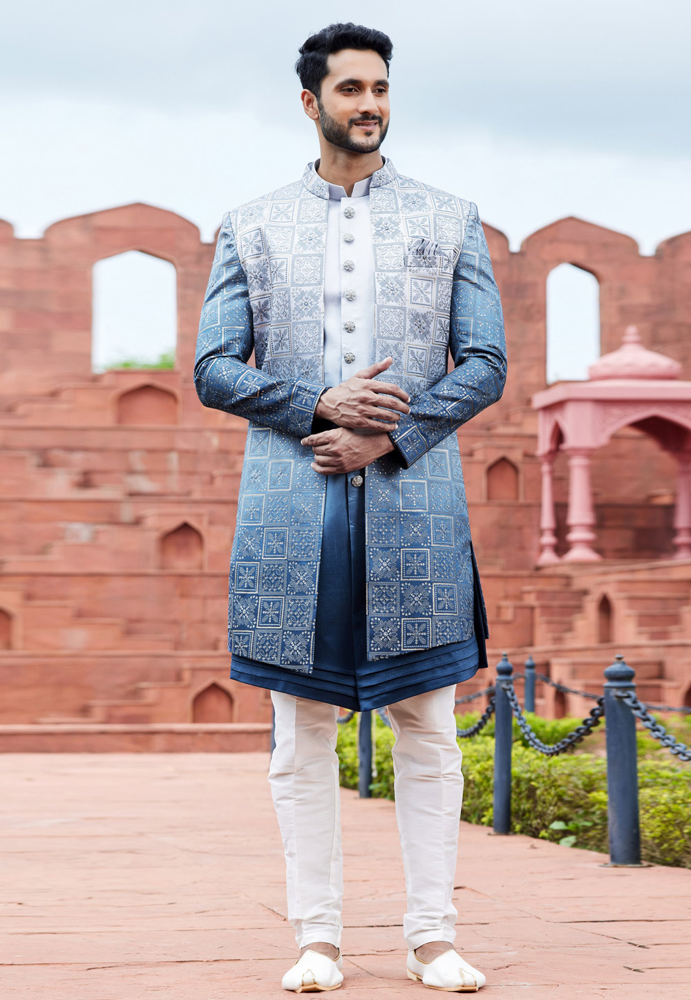 Navy Blue Art Silk Jacket Style Sherwani 275760