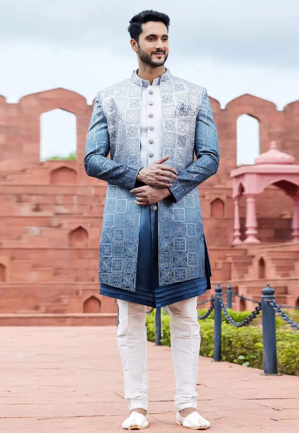 Navy Blue Art Silk Jacket Style Sherwani 275760