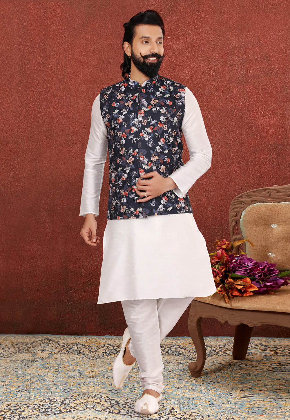 White Dupion Silk Kurta Pajama With Jacket 238510
