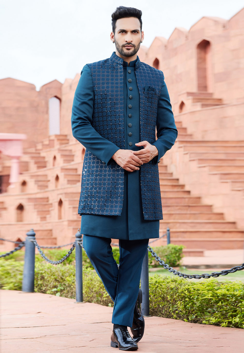Teal Art Silk Jacket Style Sherwani 275764