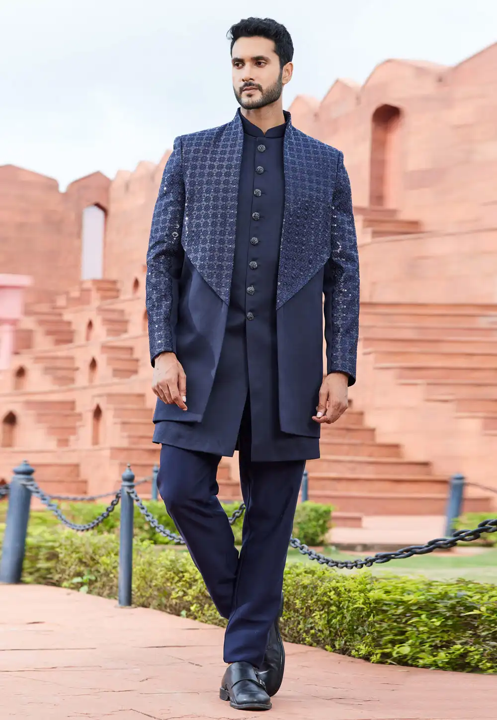 Navy Blue Art Silk Jacket Style Sherwani 275765