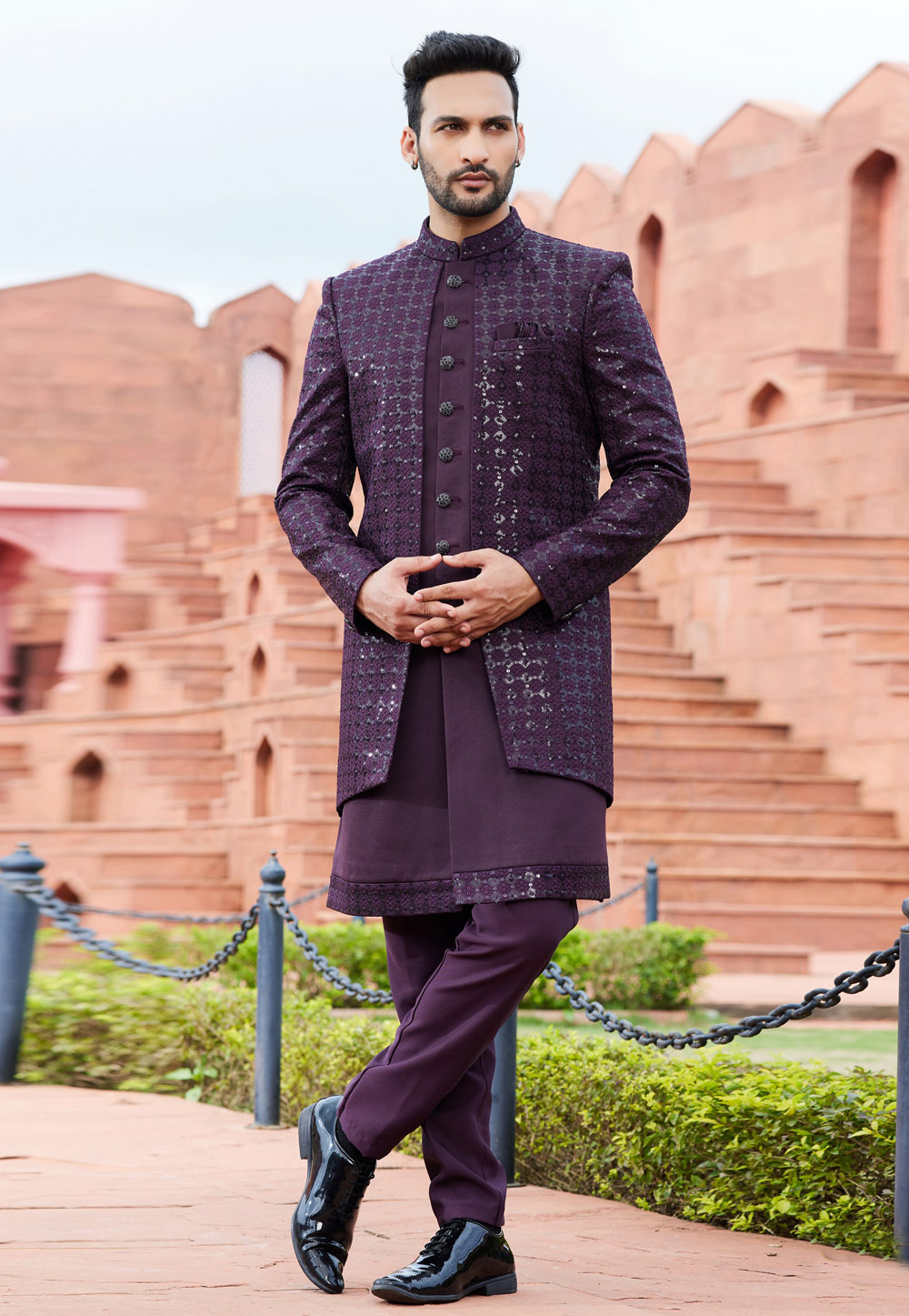 Wine Art Silk Jacket Style Sherwani 275766