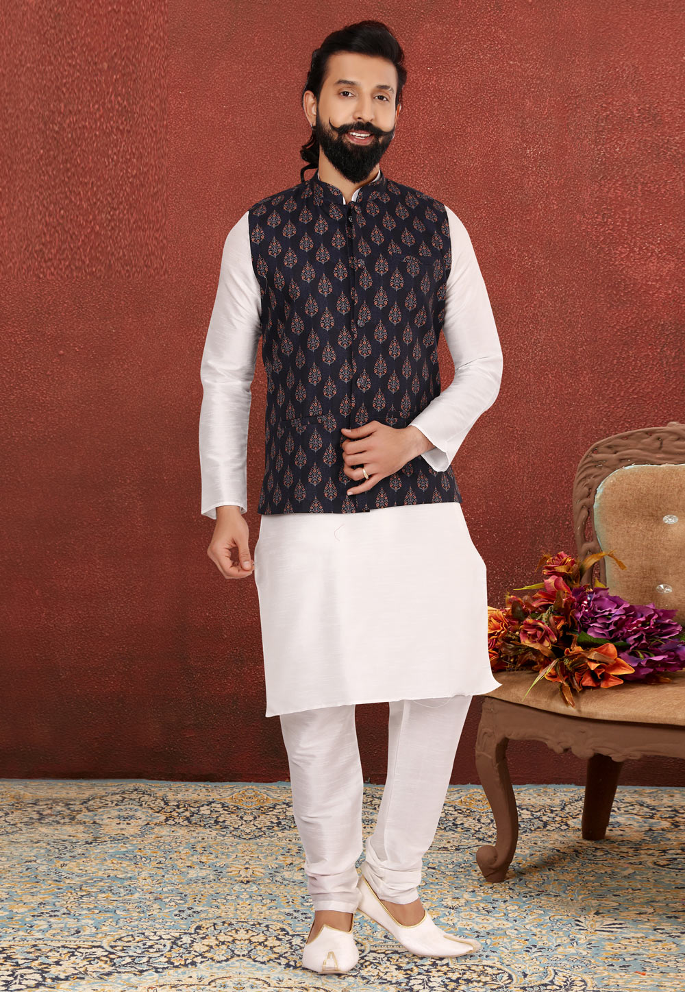White Dupion Silk Kurta Pajama With Jacket 238511