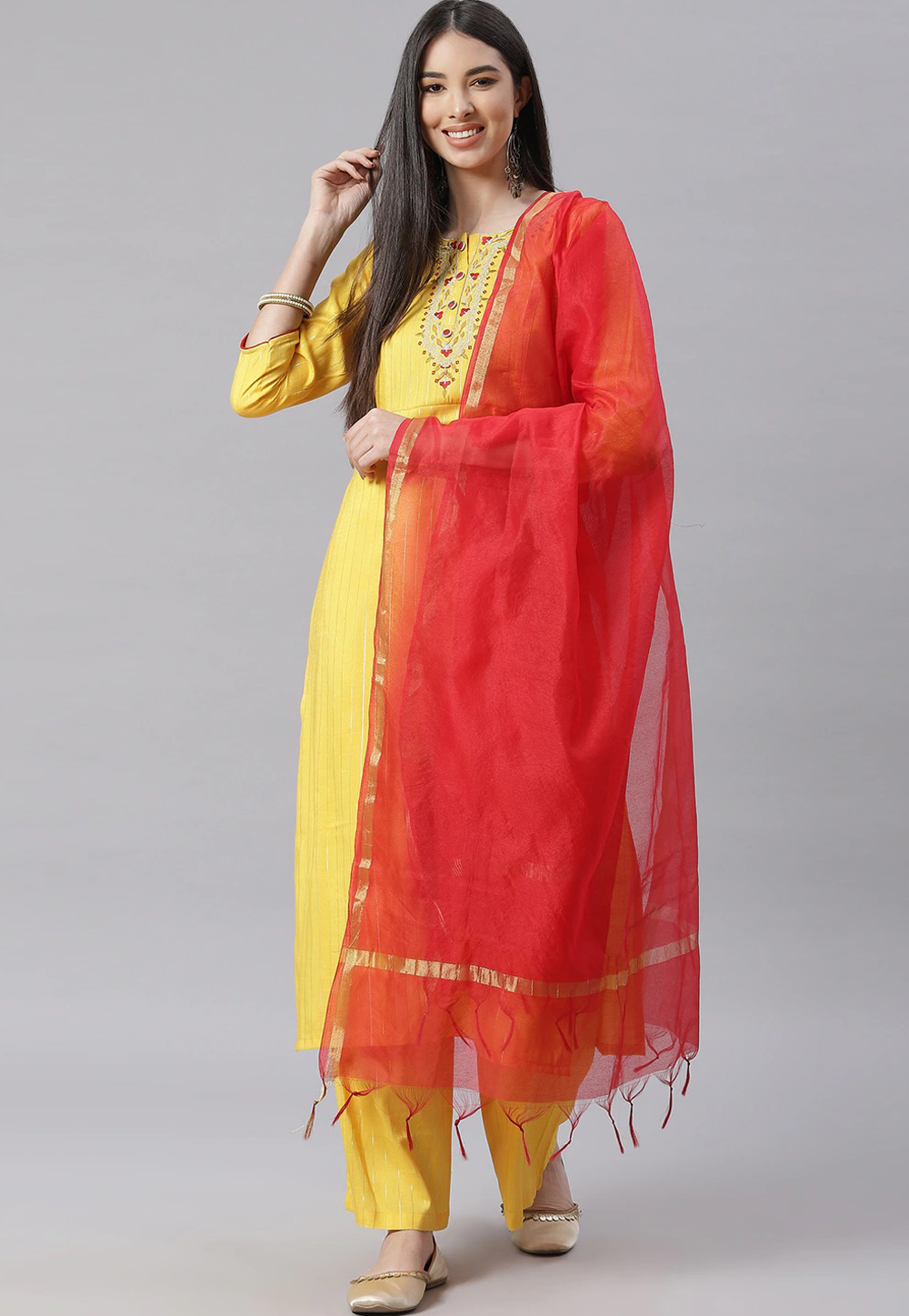 Yellow Cotton Readymade Palazzo Suit 236921