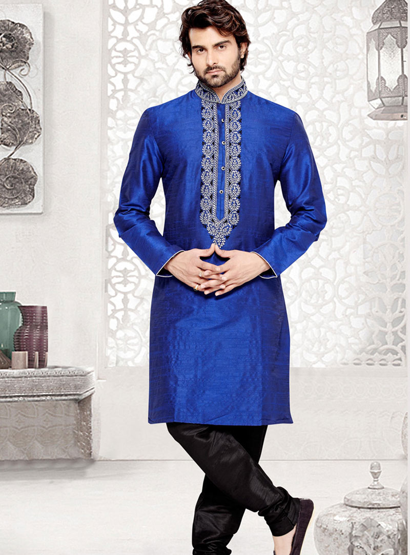 Blue Dupion Art Silk Readymade Kurta With Pajama 69535