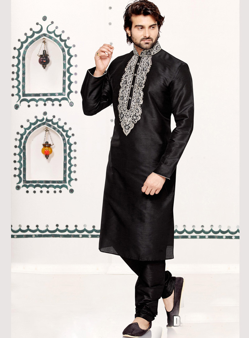 Black Dupion Art Silk Readymade Kurta With Pajama 69537