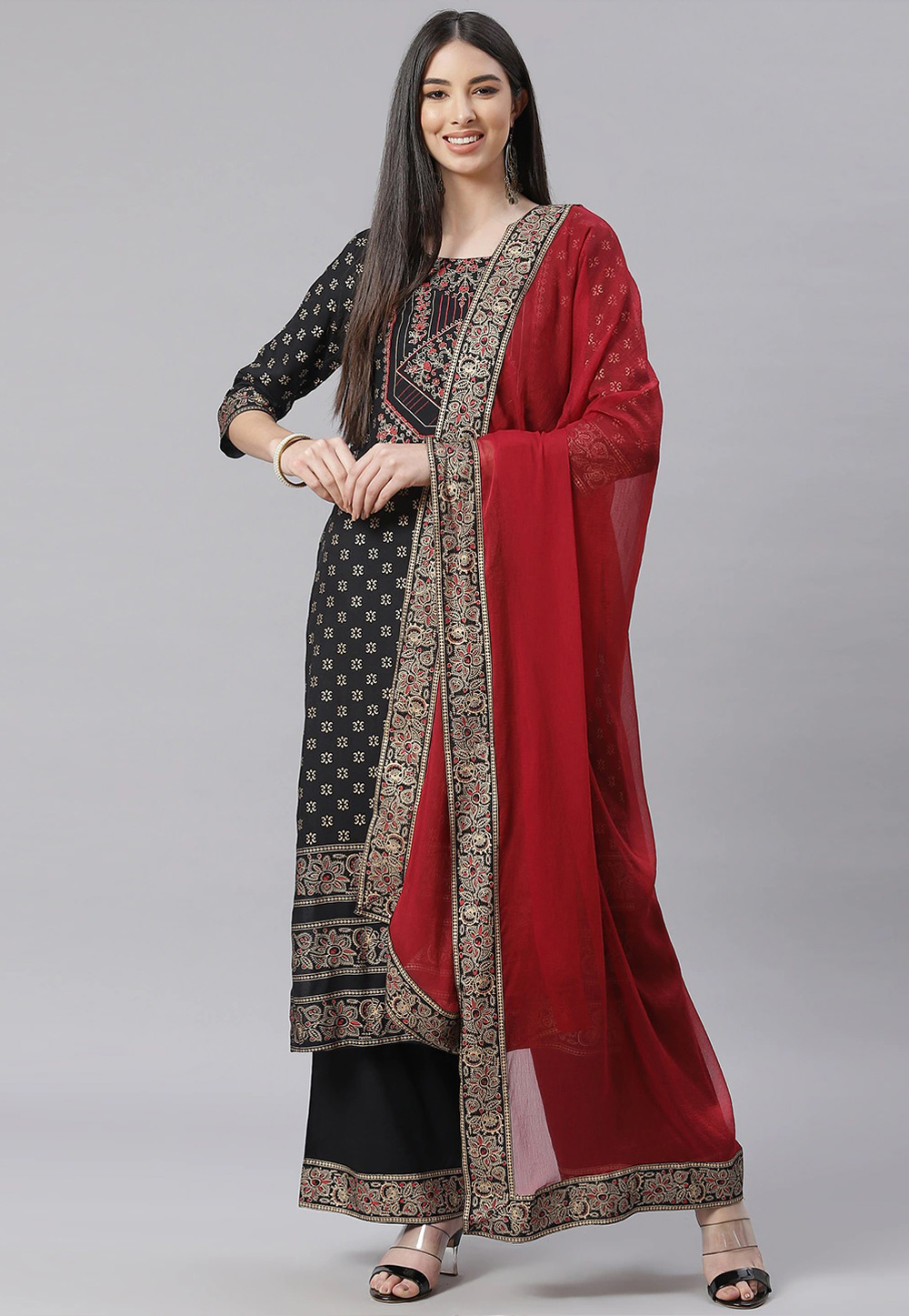 Black Cotton Readymade Palazzo Suit 236926