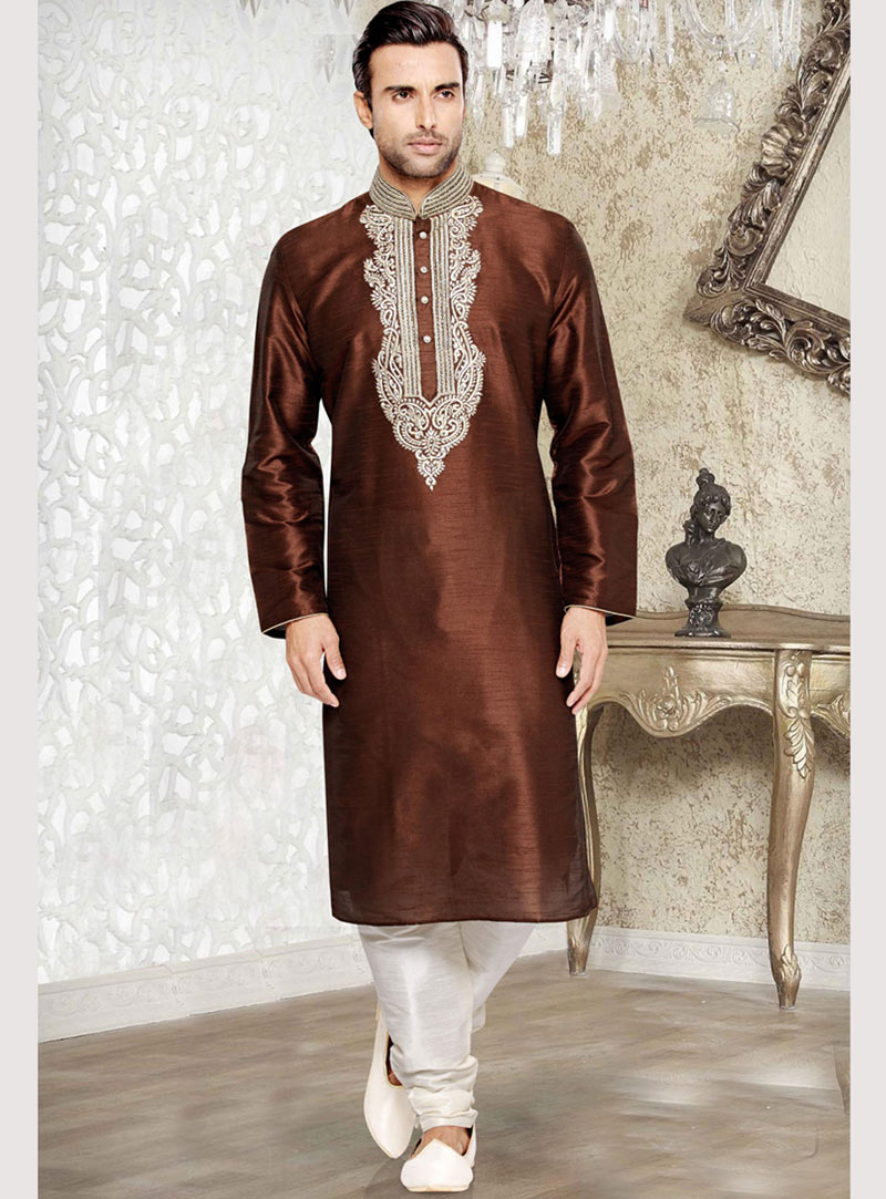 Brown Dupion Art Silk Readymade Kurta With Pajama 69538