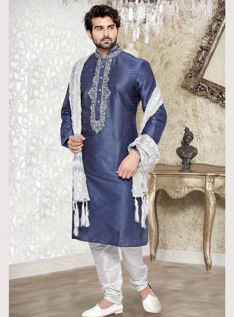Blue Dupion Art Silk Readymade Kurta With Pajama 69539