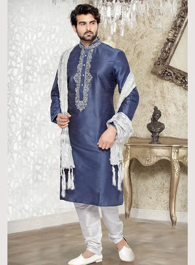 Blue Dupion Art Silk Readymade Kurta With Pajama 69539