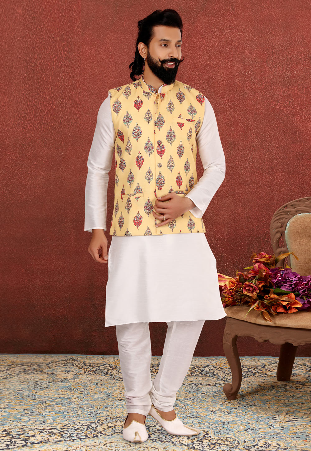 White Dupion Silk Kurta Pajama With Jacket 238512