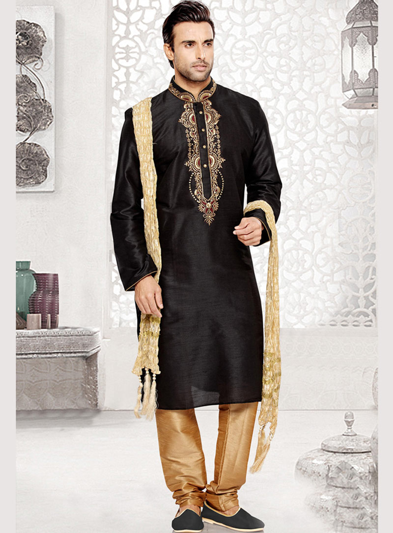 Black Dupion Art Silk Readymade Kurta With Pajama 69540