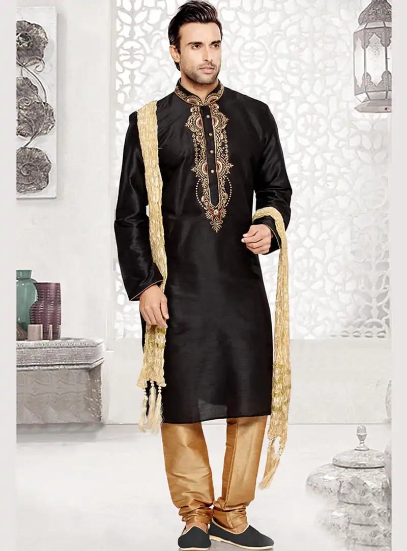 Black Dupion Art Silk Readymade Kurta With Pajama 69540