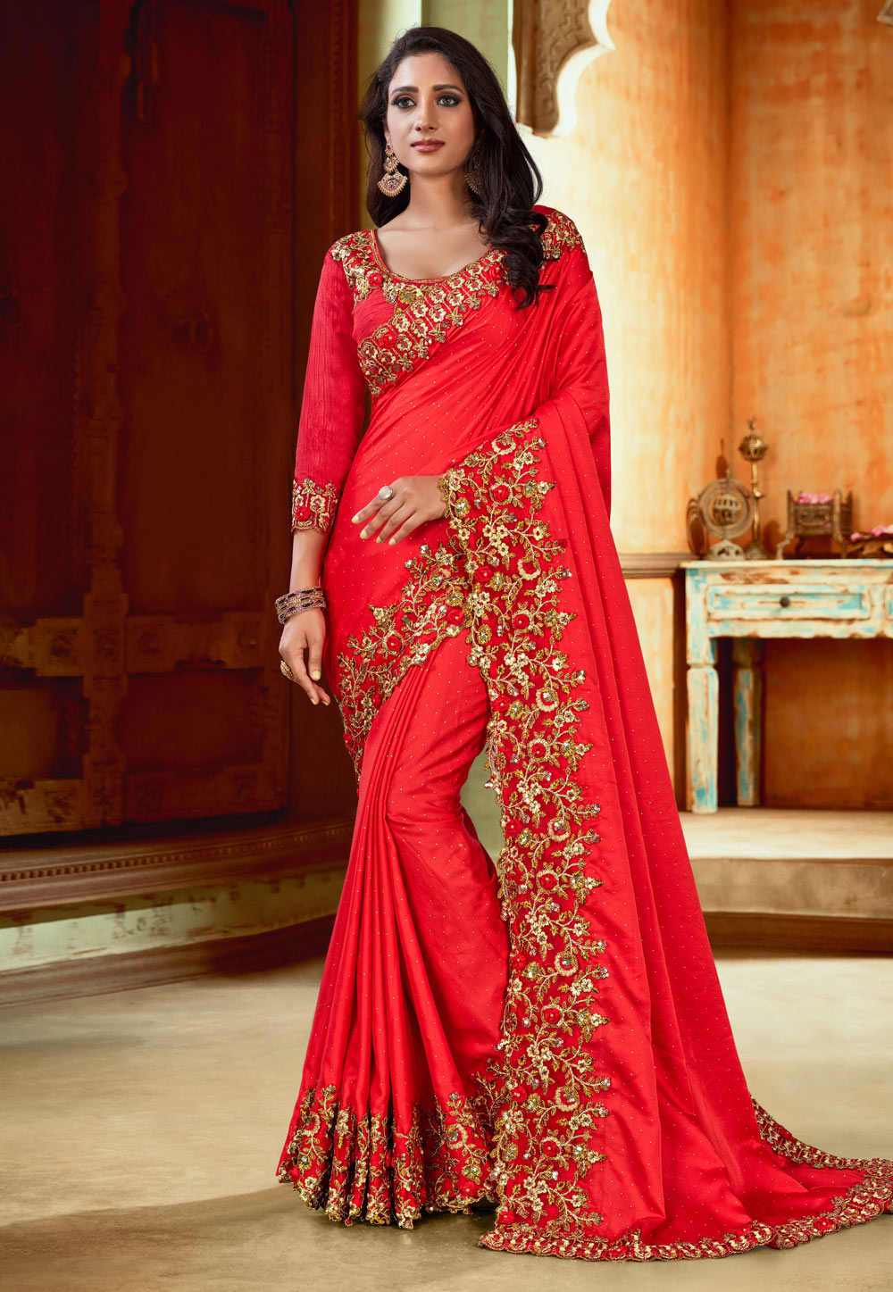 Red Satin Festival Wear Saree 213368