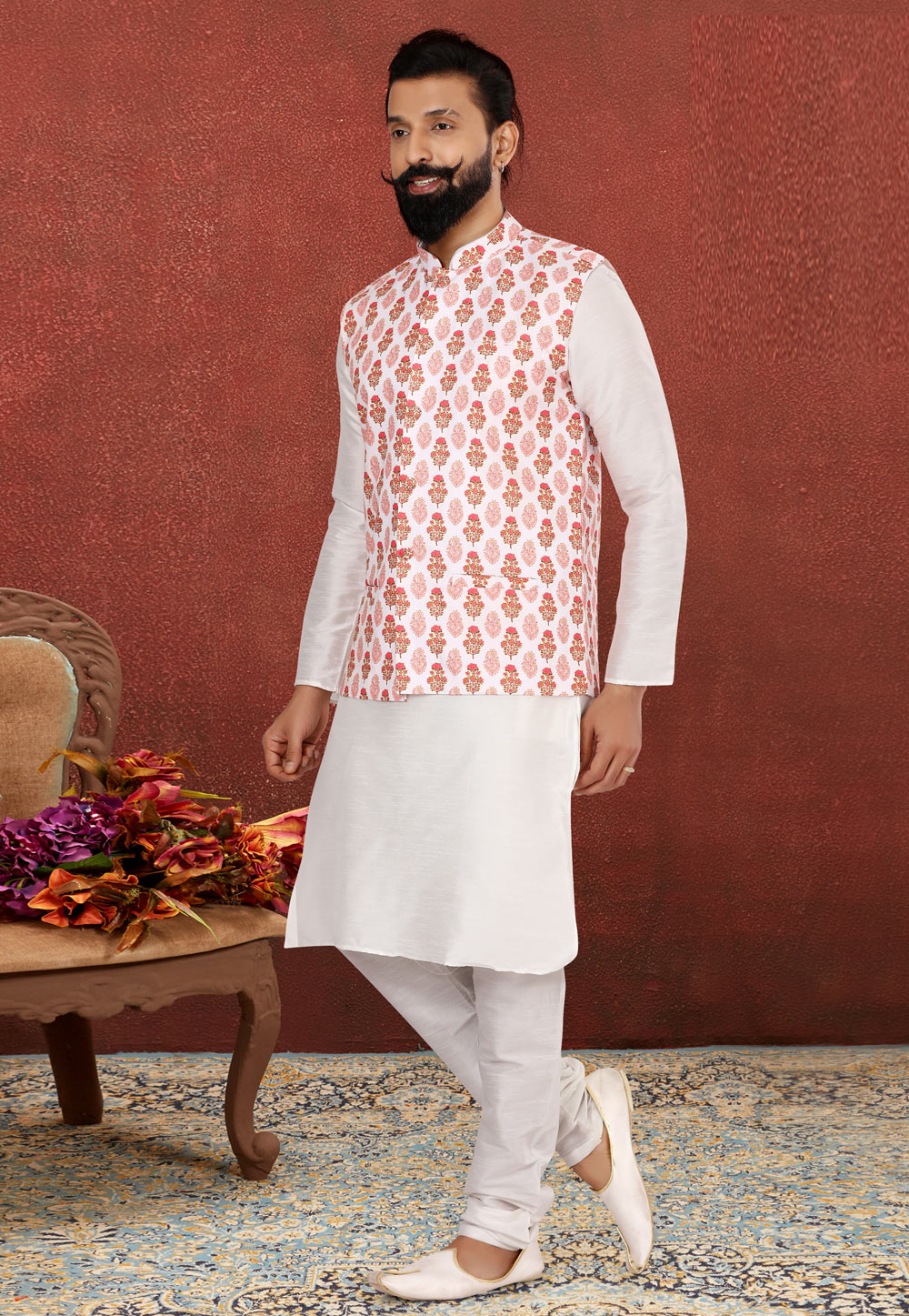 White Dupion Silk Kurta Pajama With Jacket 238513