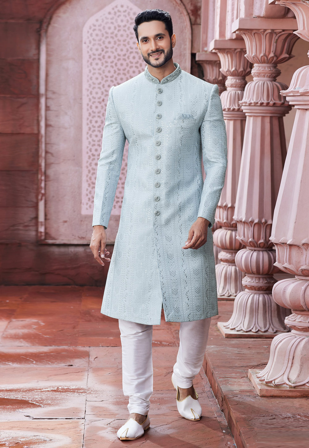 Sky Blue Art Silk Achkan Style Sherwani 275777