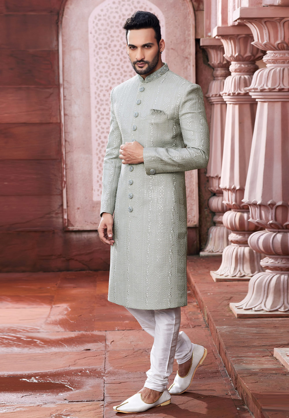 Grey Art Silk Achkan Style Sherwani 275778