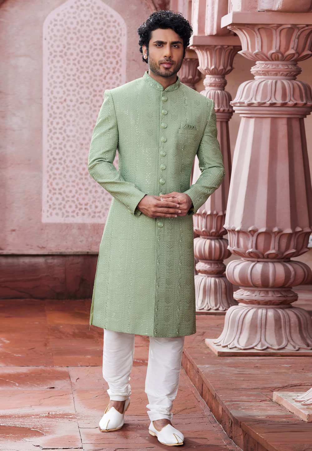 Light Green Art Silk Achkan Style Sherwani 275779