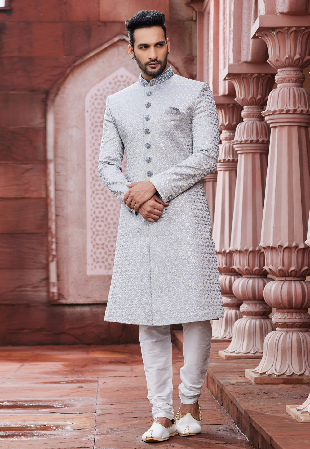 Off White Art Silk Achkan Style Sherwani 275781