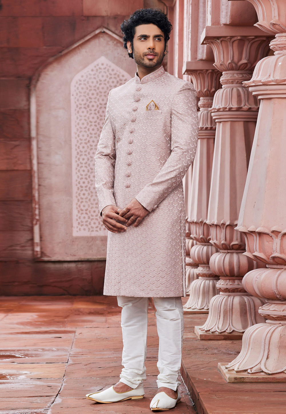 Light Pink Art Silk Achkan Style Sherwani 275782